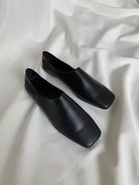 Black Leather Square Toe Flats