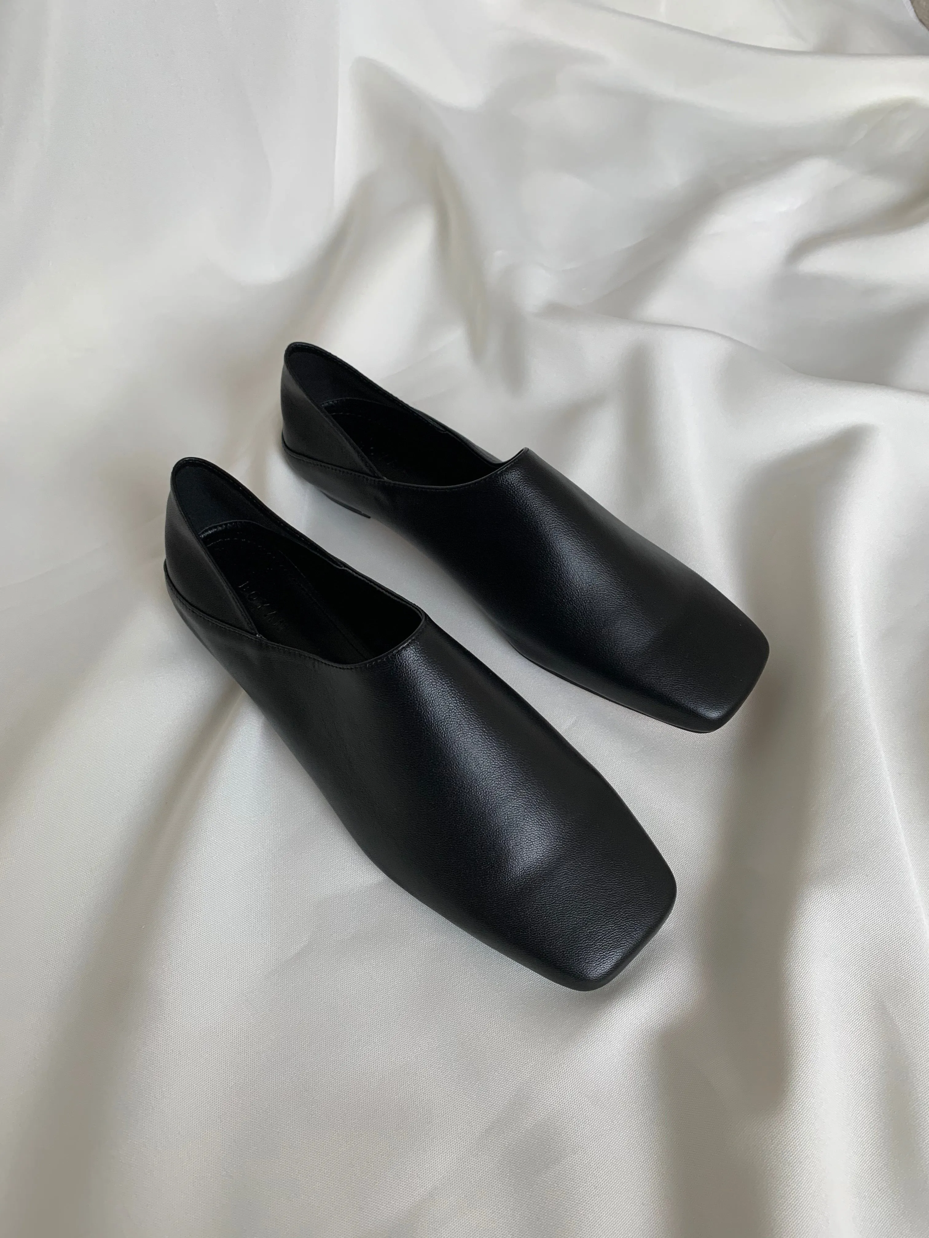 Black Leather Square Toe Flats