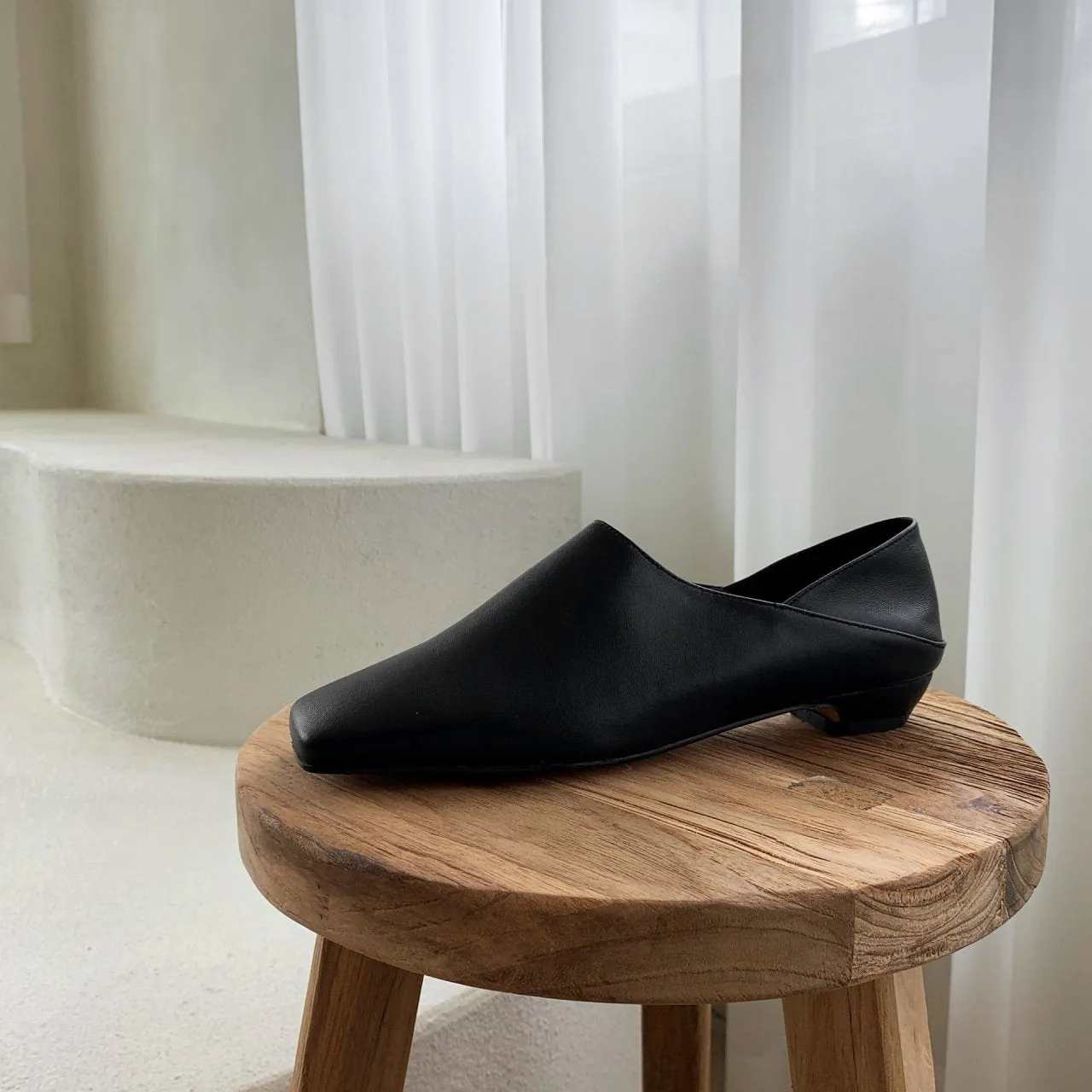 Black Leather Square Toe Flats