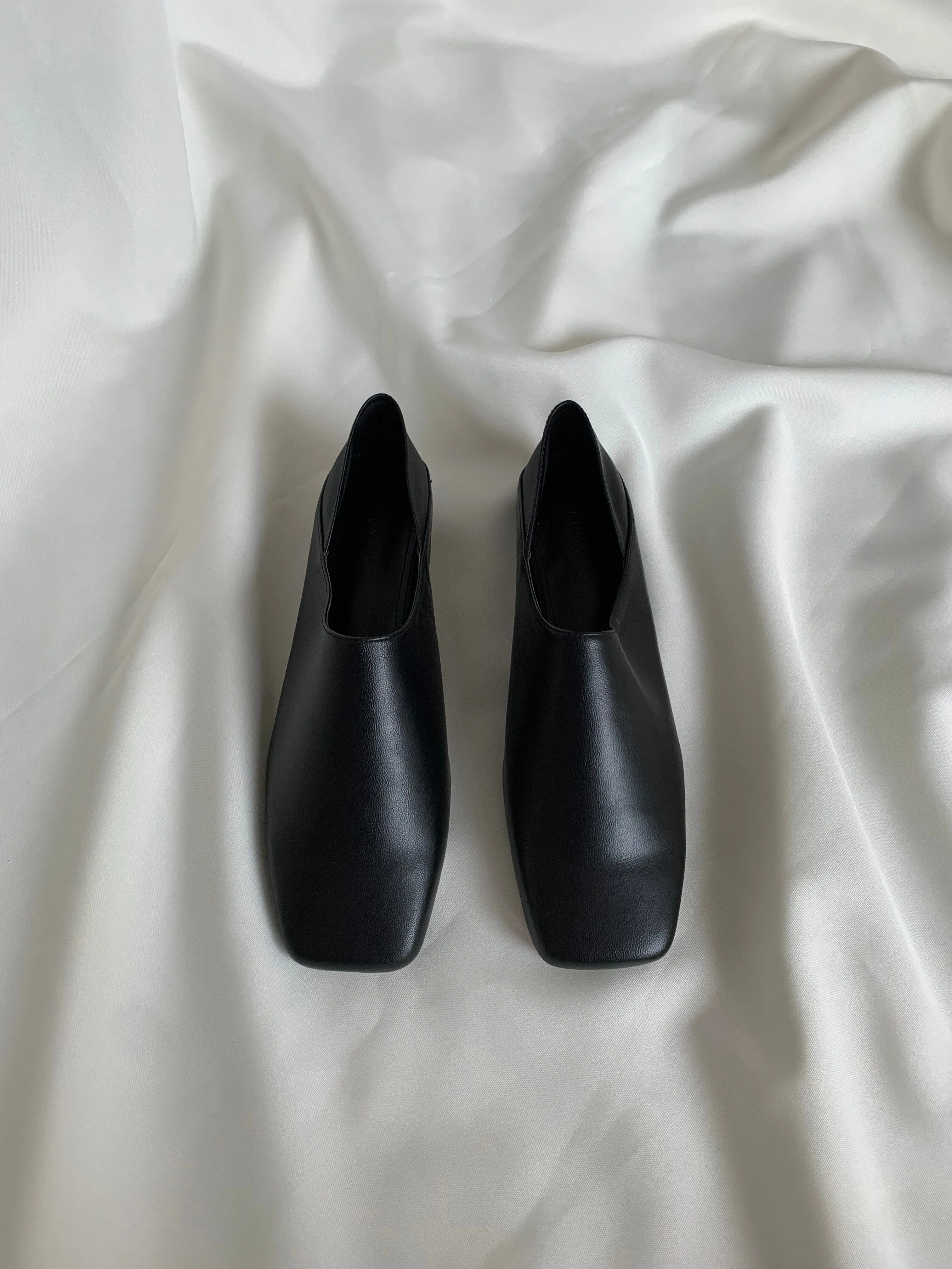 Black Leather Square Toe Flats