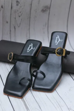 Brauch Black Buckle Strap Square Toe Flats