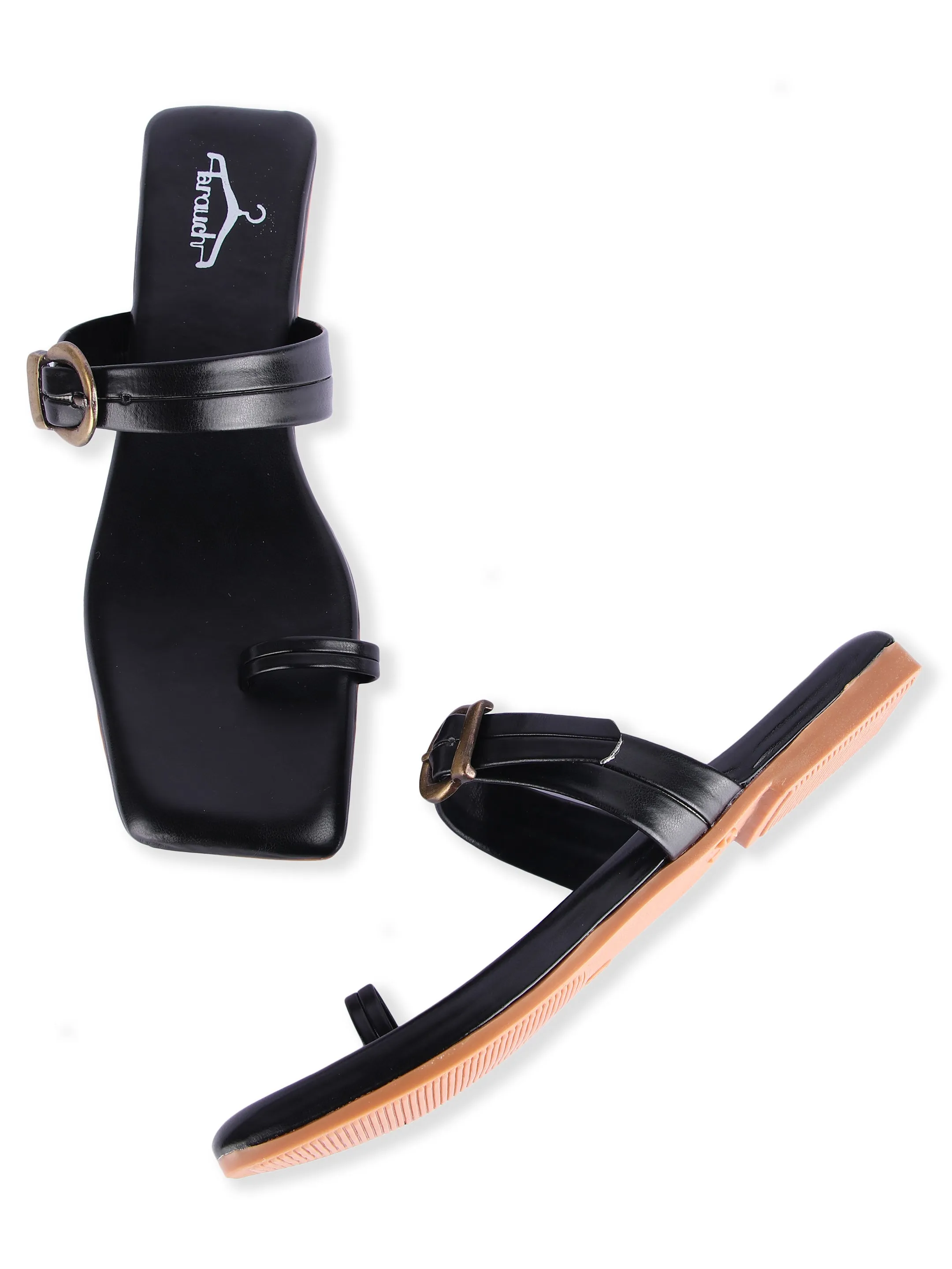 Brauch Black Buckle Strap Square Toe Flats