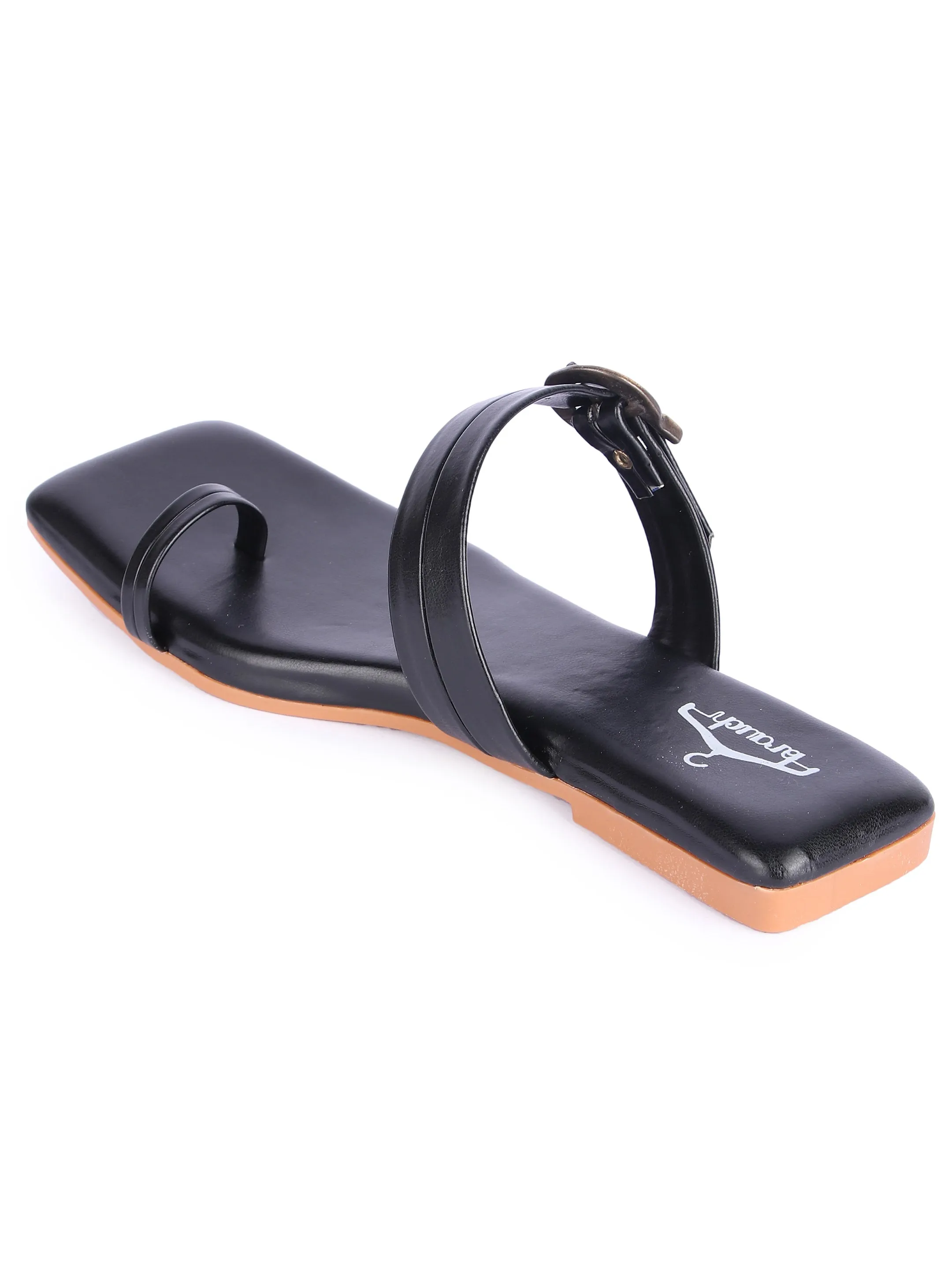 Brauch Black Buckle Strap Square Toe Flats