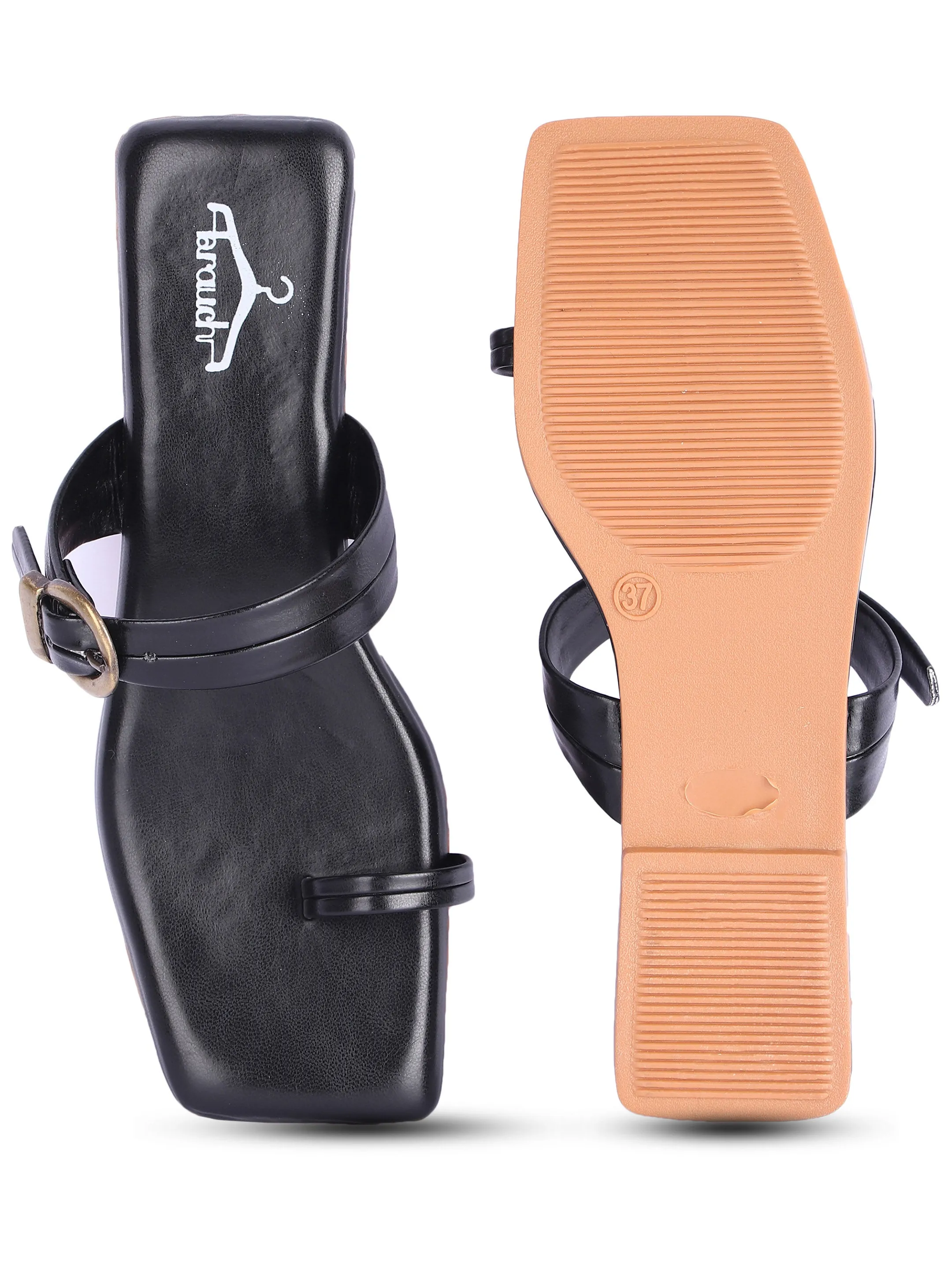 Brauch Black Buckle Strap Square Toe Flats