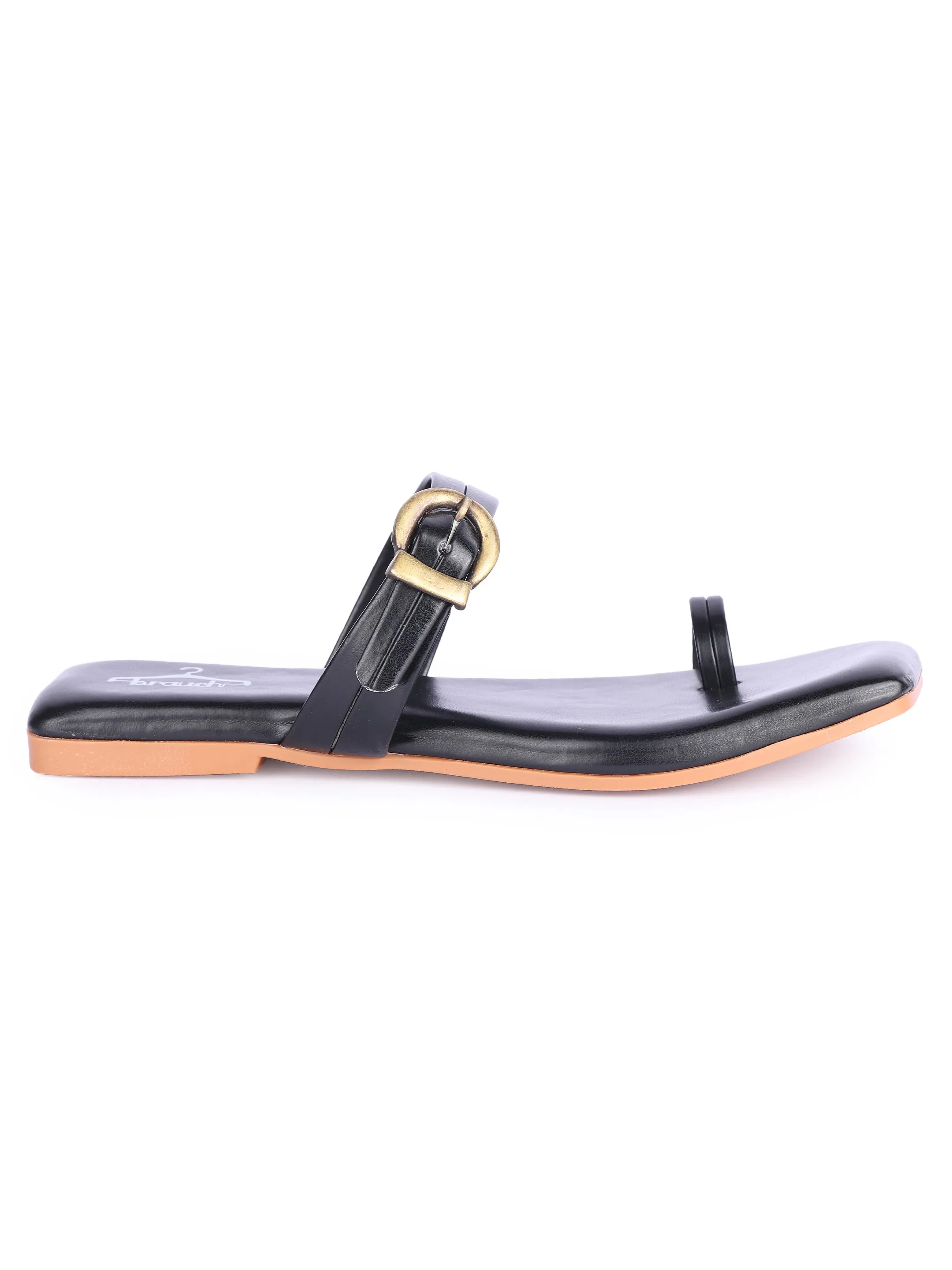 Brauch Black Buckle Strap Square Toe Flats