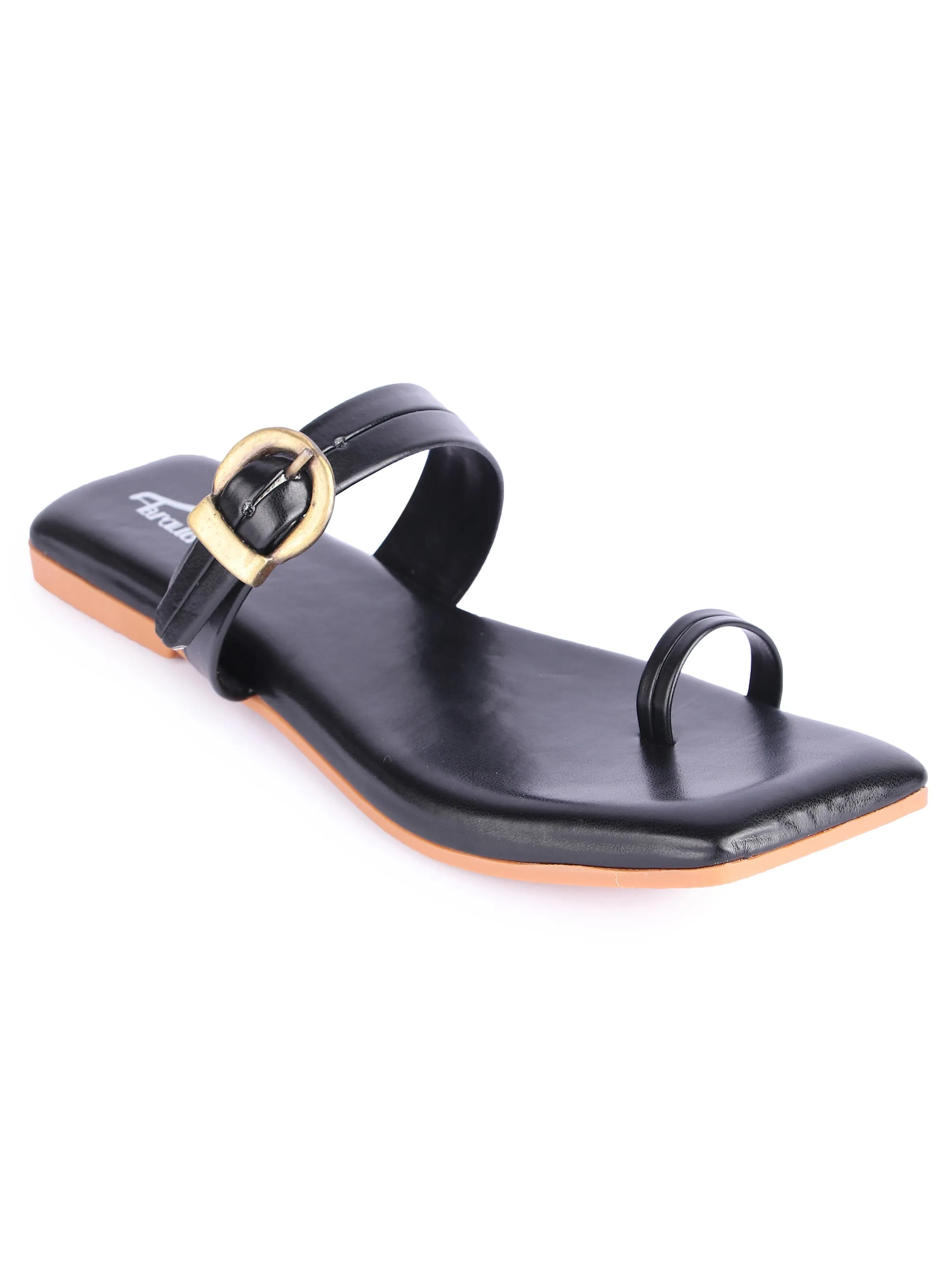 Brauch Black Buckle Strap Square Toe Flats