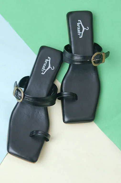Brauch Black Buckle Strap Square Toe Flats