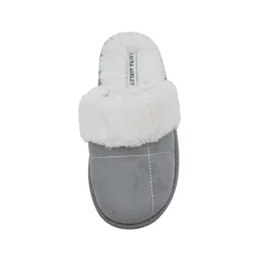 Laura Ashley Ladies Micro Suede Scuff Slipper with Plush Collar, Light Grey, S