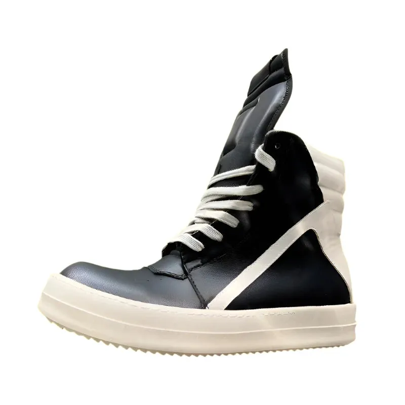 Luxury Gray High Top Genuine Leather Sneakers for Men and Women – Designer Geobasket Jumbo Lace-Up Trainers, Casual Flats, Ankle Boots