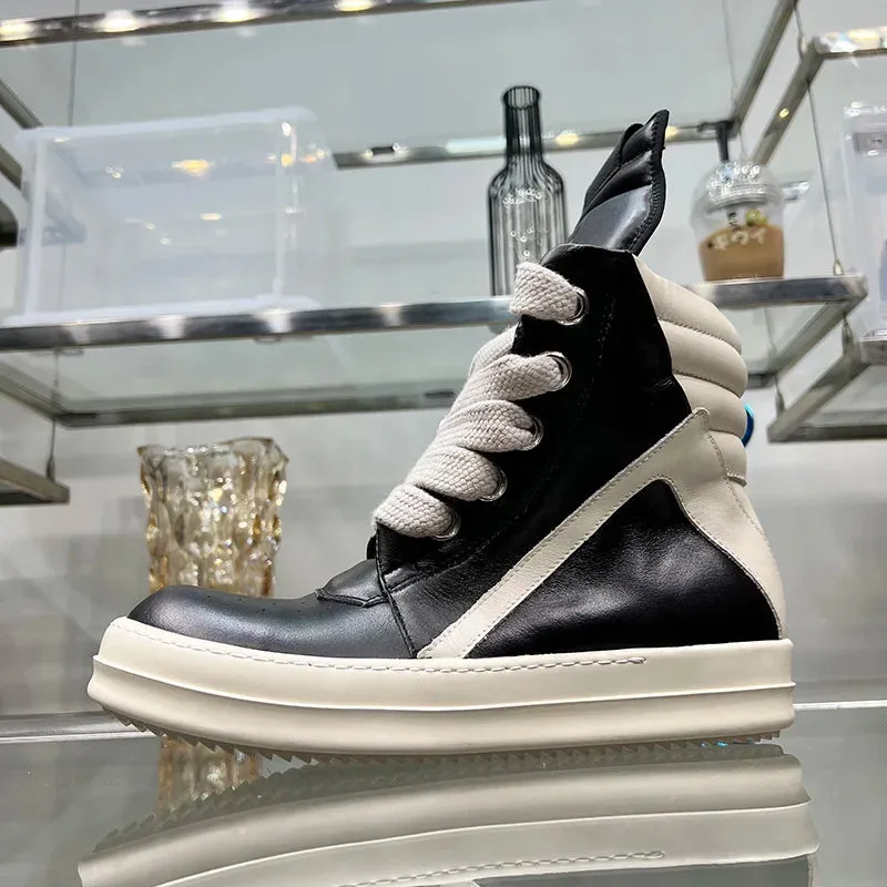 Luxury Gray High Top Genuine Leather Sneakers for Men and Women – Designer Geobasket Jumbo Lace-Up Trainers, Casual Flats, Ankle Boots