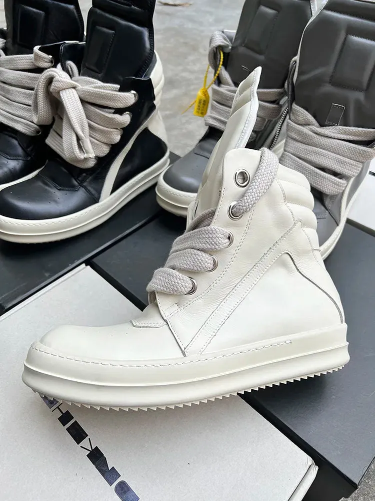 Luxury Gray High Top Genuine Leather Sneakers for Men and Women – Designer Geobasket Jumbo Lace-Up Trainers, Casual Flats, Ankle Boots