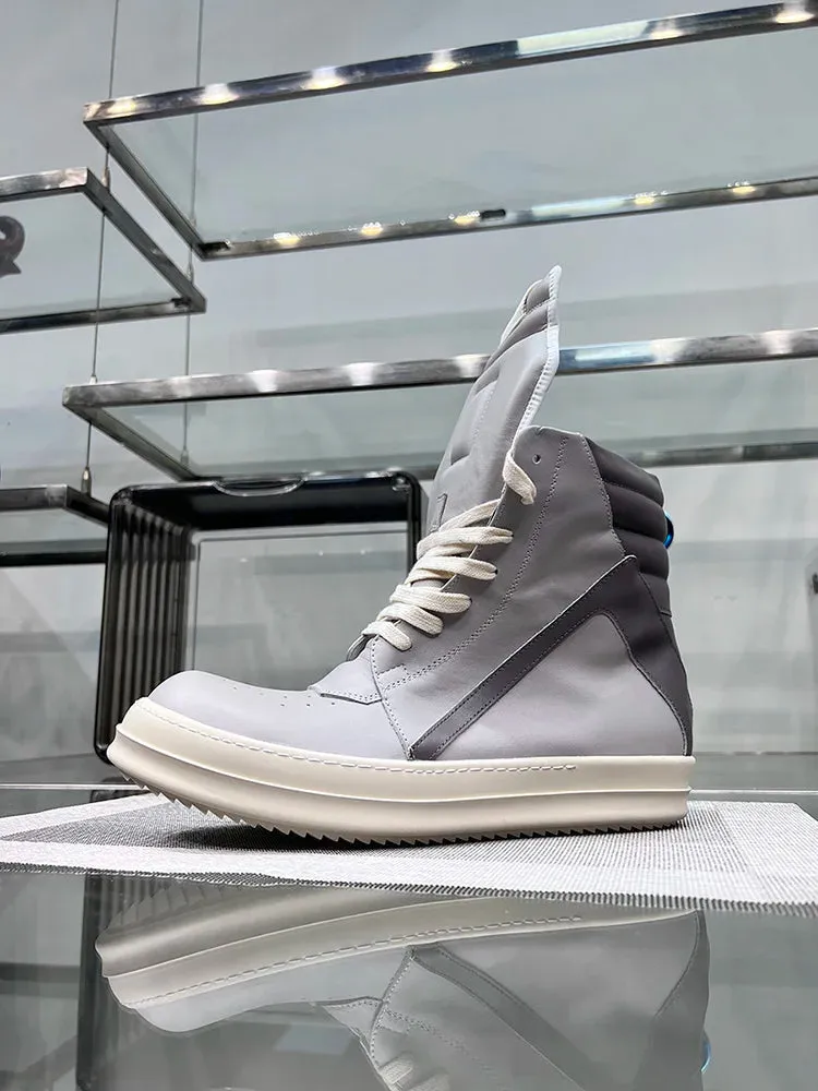 Luxury Gray High Top Genuine Leather Sneakers for Men and Women – Designer Geobasket Jumbo Lace-Up Trainers, Casual Flats, Ankle Boots