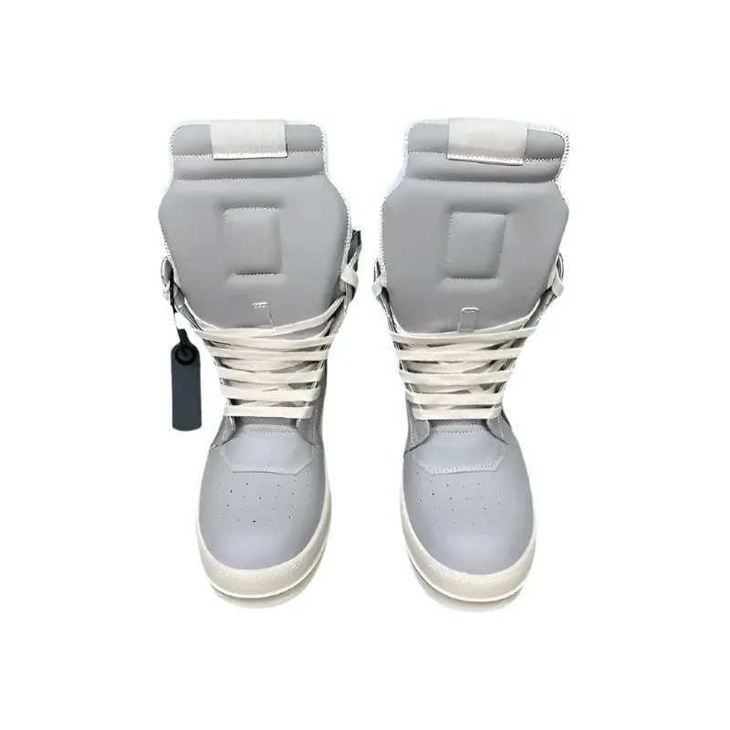 Luxury Gray High Top Genuine Leather Sneakers for Men and Women – Designer Geobasket Jumbo Lace-Up Trainers, Casual Flats, Ankle Boots