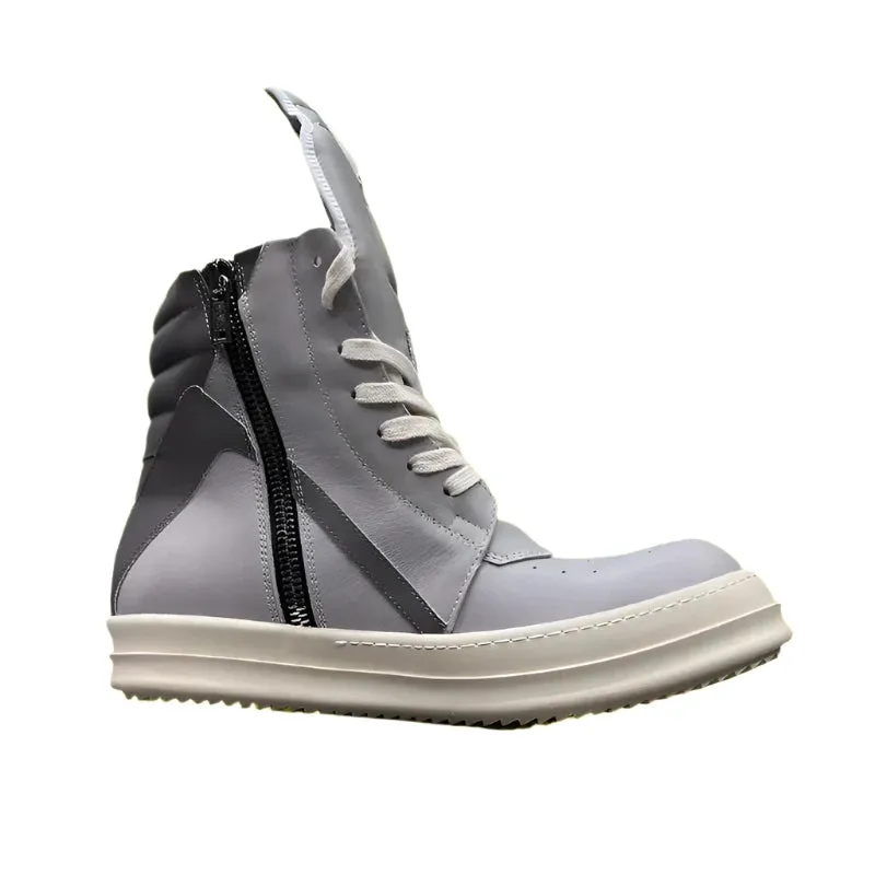 Luxury Gray High Top Genuine Leather Sneakers for Men and Women – Designer Geobasket Jumbo Lace-Up Trainers, Casual Flats, Ankle Boots