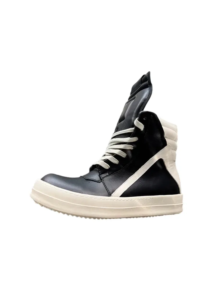 Luxury Gray High Top Genuine Leather Sneakers for Men and Women – Designer Geobasket Jumbo Lace-Up Trainers, Casual Flats, Ankle Boots