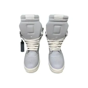 Luxury Gray High Top Genuine Leather Sneakers for Men and Women – Designer Geobasket Jumbo Lace-Up Trainers, Casual Flats, Ankle Boots