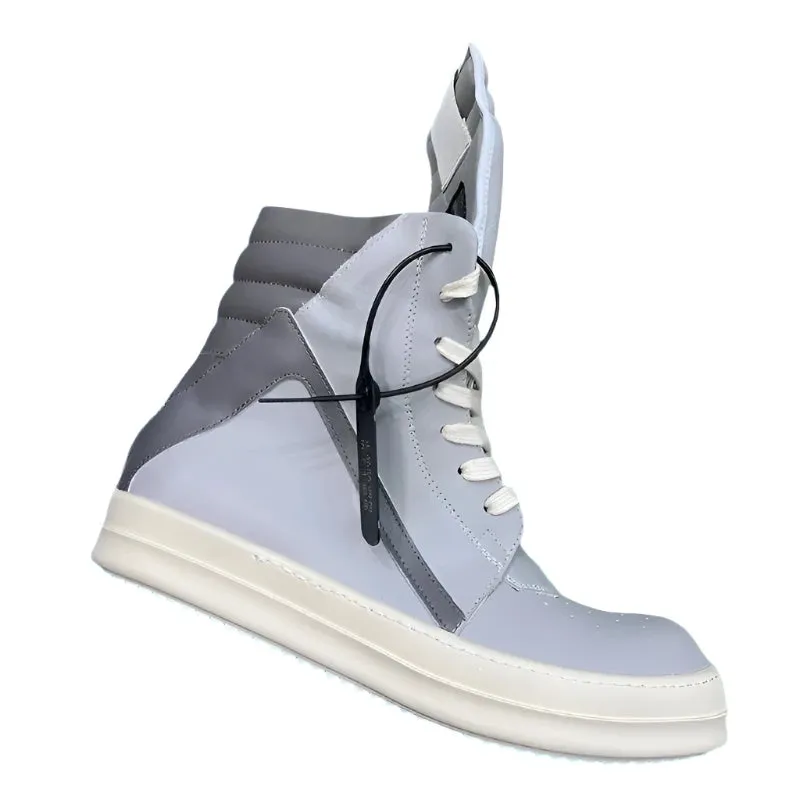 Luxury Gray High Top Genuine Leather Sneakers for Men and Women – Designer Geobasket Jumbo Lace-Up Trainers, Casual Flats, Ankle Boots