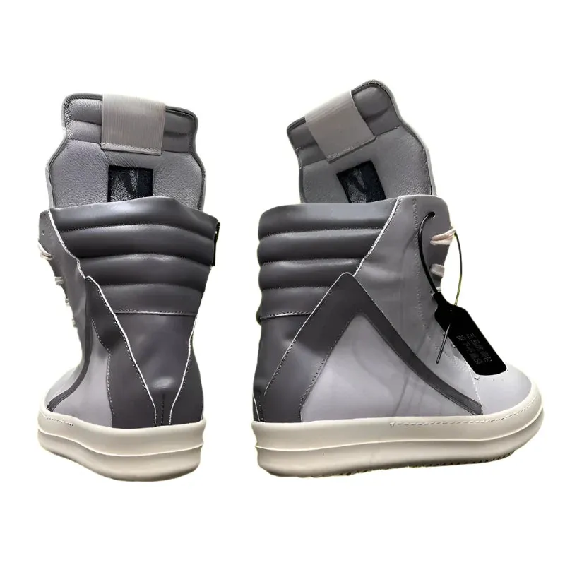 Luxury Gray High Top Genuine Leather Sneakers for Men and Women – Designer Geobasket Jumbo Lace-Up Trainers, Casual Flats, Ankle Boots