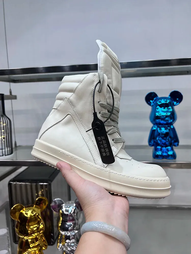 Luxury Gray High Top Genuine Leather Sneakers for Men and Women – Designer Geobasket Jumbo Lace-Up Trainers, Casual Flats, Ankle Boots