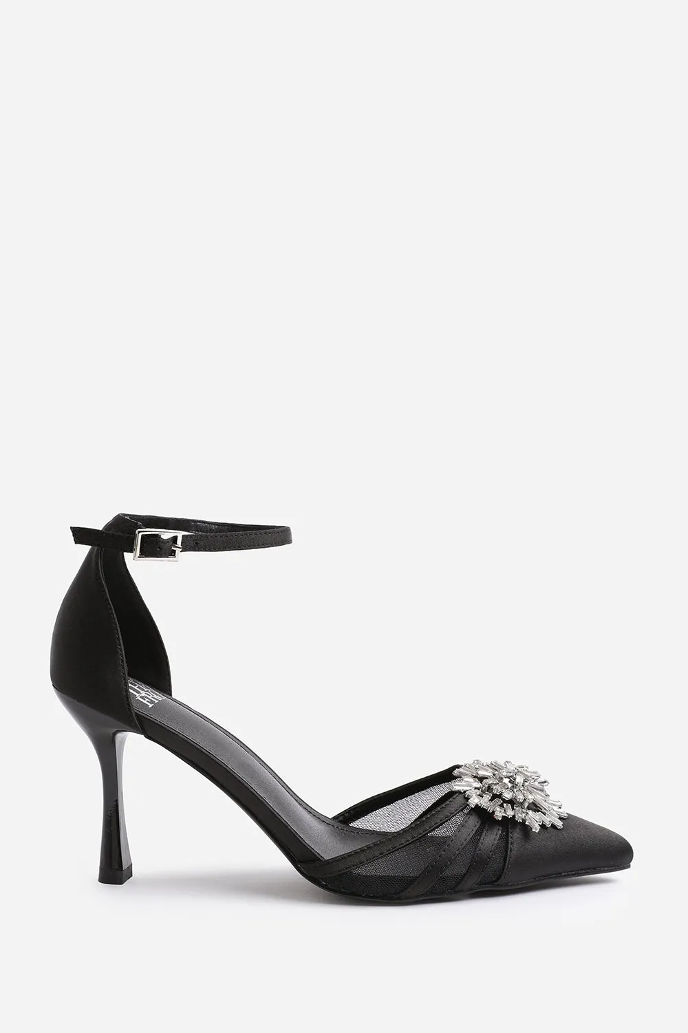 VERA HIGH HEEL WITH POINTED TOE AND DIAMANTE DETAIL IN BLACK SATIN