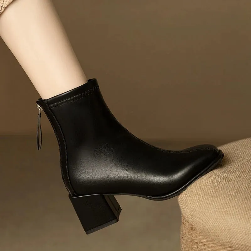 Winter New British Style Back Zipper Fashion Boots Women's Rough Heel Leather Suede Versatile Short Boots Women