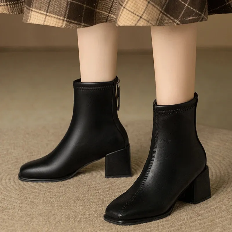 Winter New British Style Back Zipper Fashion Boots Women's Rough Heel Leather Suede Versatile Short Boots Women