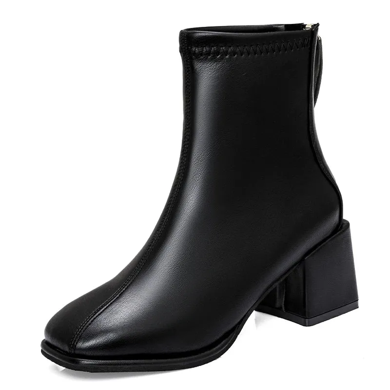 Winter New British Style Back Zipper Fashion Boots Women's Rough Heel Leather Suede Versatile Short Boots Women