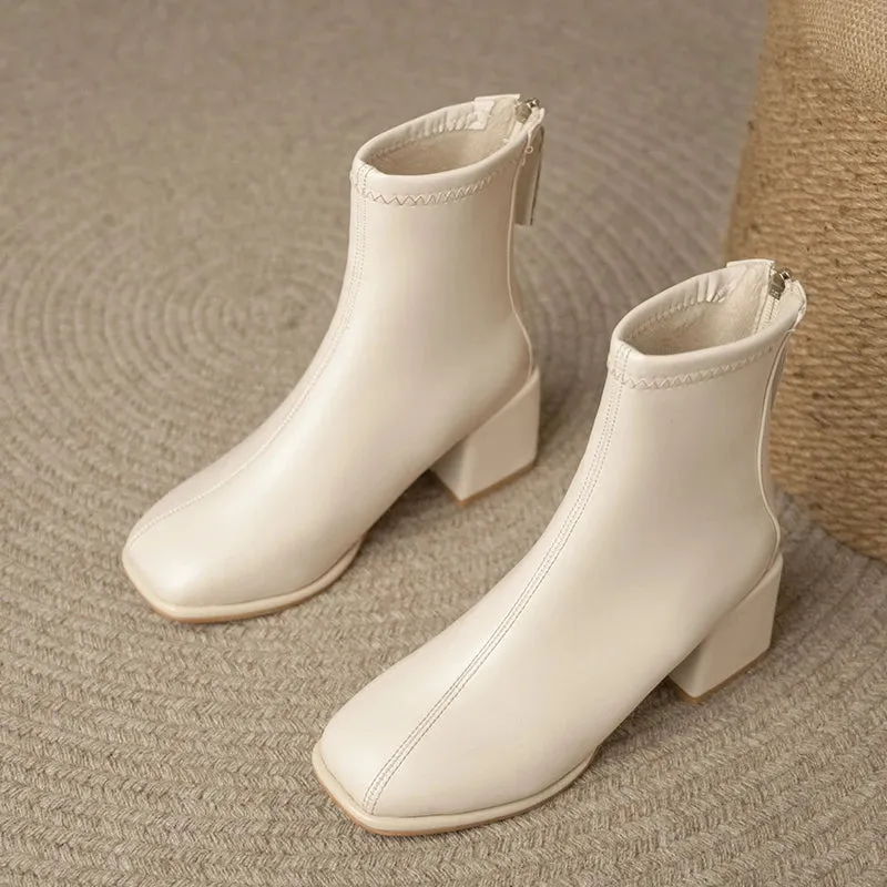Winter New British Style Back Zipper Fashion Boots Women's Rough Heel Leather Suede Versatile Short Boots Women