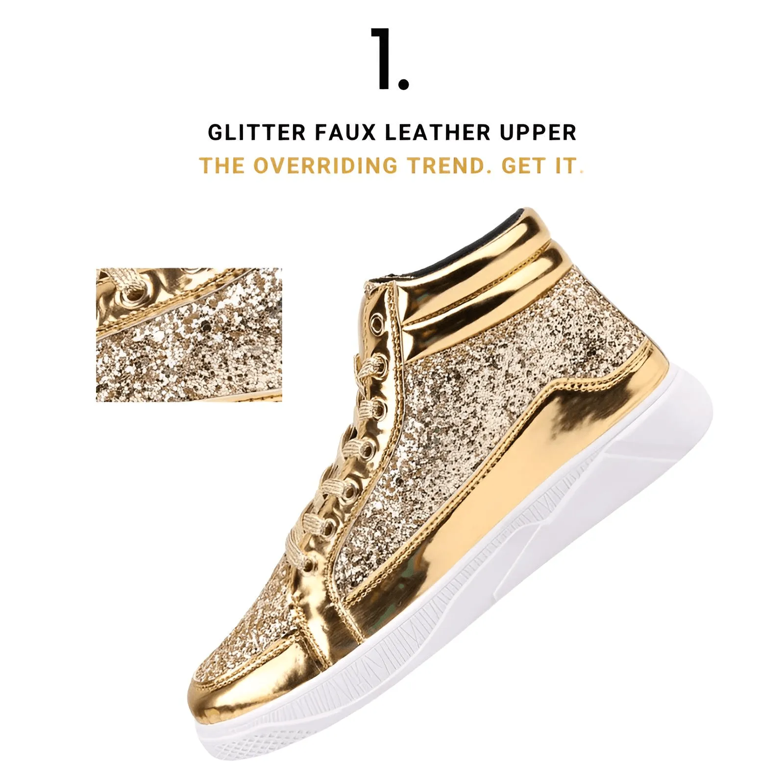 X Hot Fashion Gold Shiny Mirror Men's Hip Hop Sneakers High Top