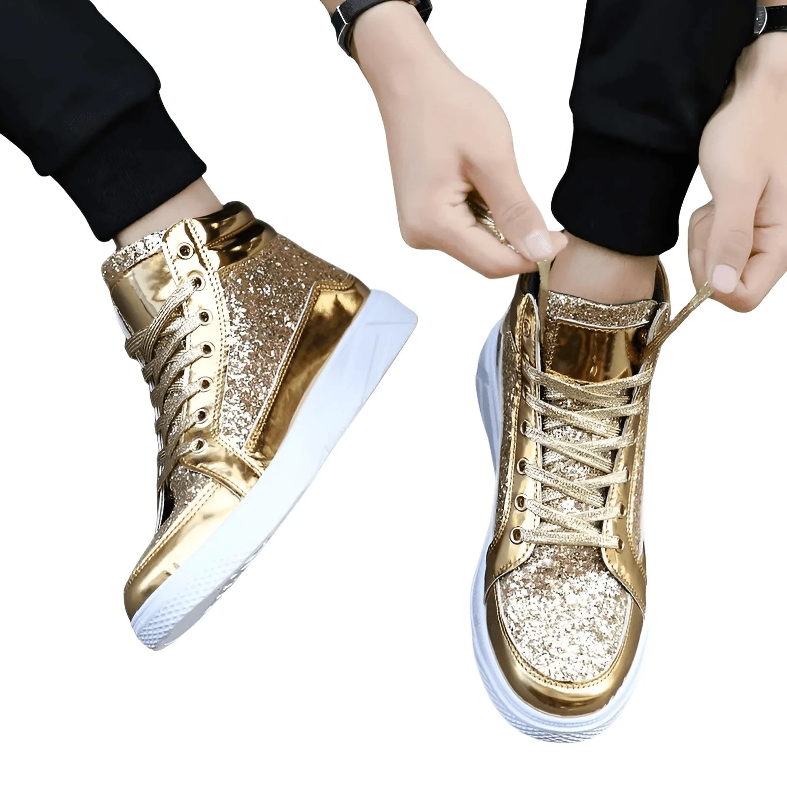 X Hot Fashion Gold Shiny Mirror Men's Hip Hop Sneakers High Top