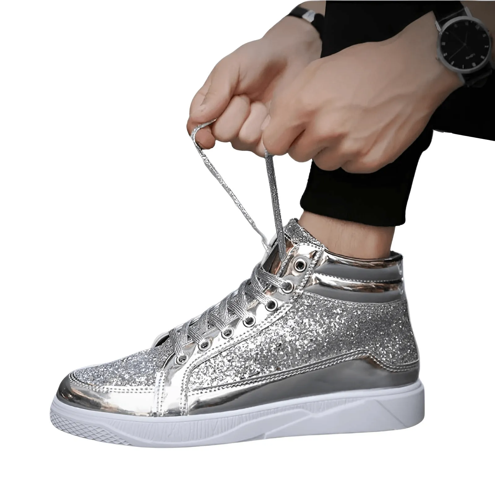 X Hot Fashion Gold Shiny Mirror Men's Hip Hop Sneakers High Top