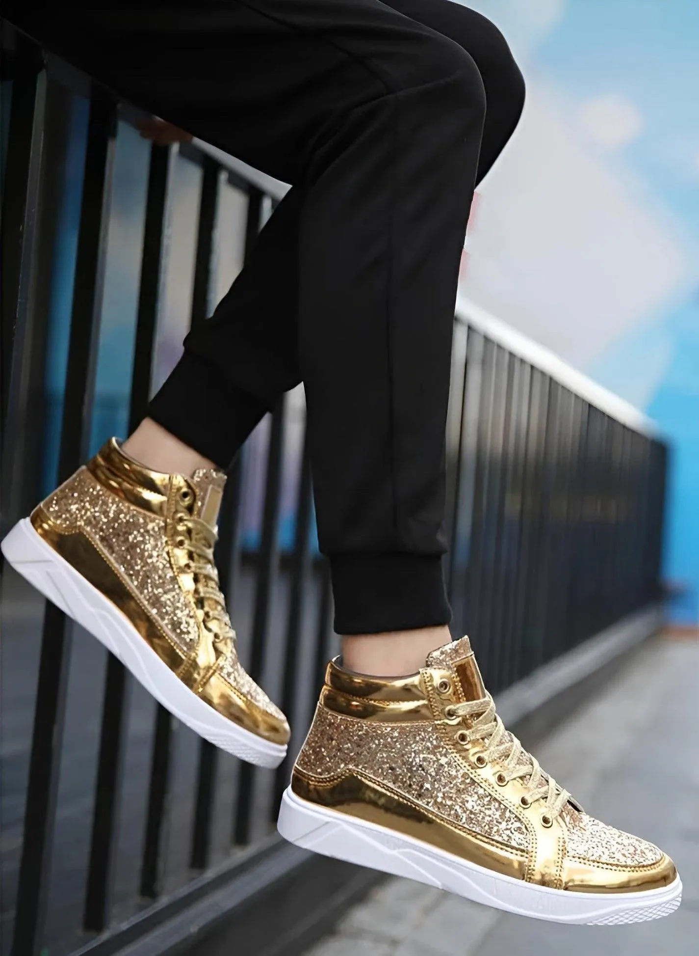 X Hot Fashion Gold Shiny Mirror Men's Hip Hop Sneakers High Top