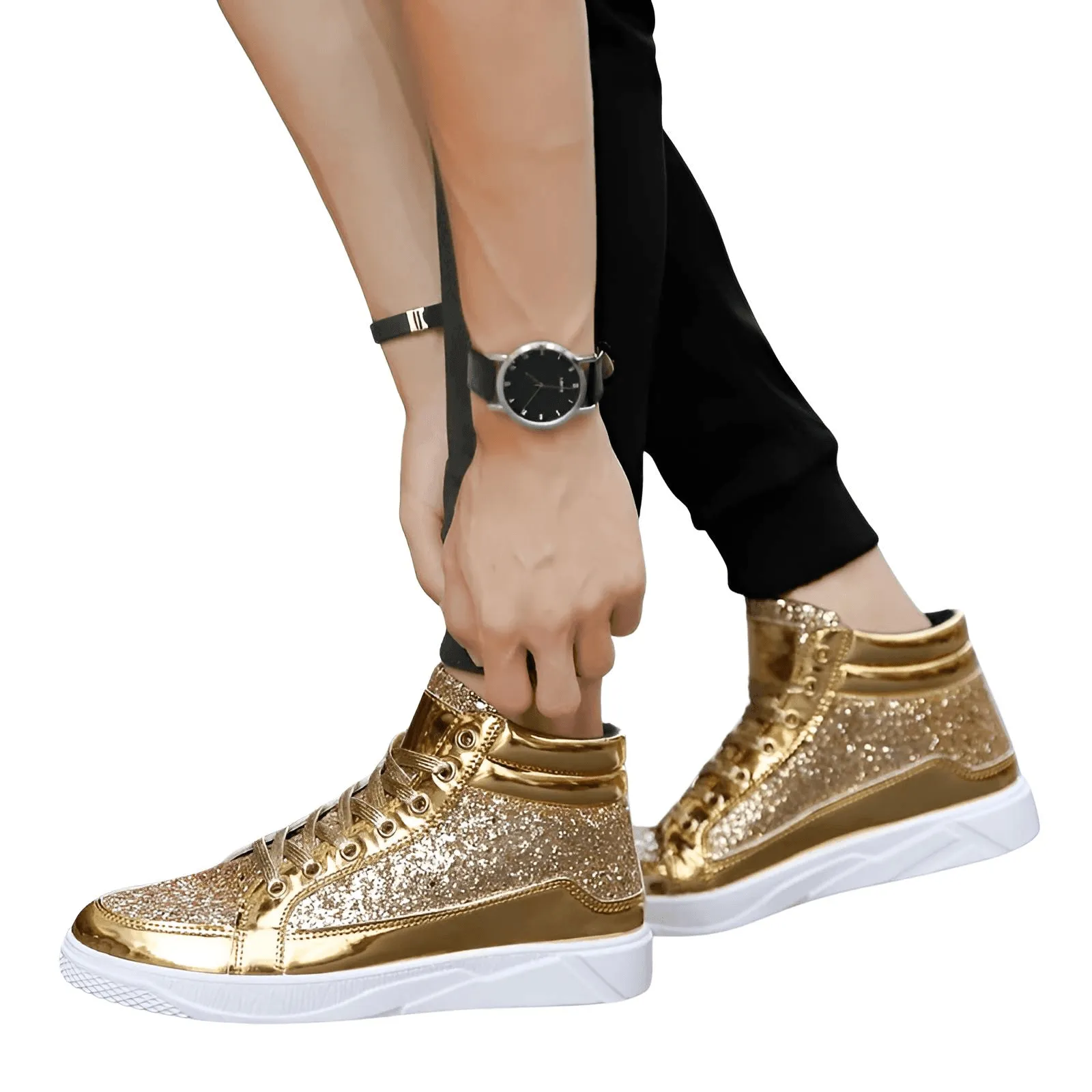 X Hot Fashion Gold Shiny Mirror Men's Hip Hop Sneakers High Top