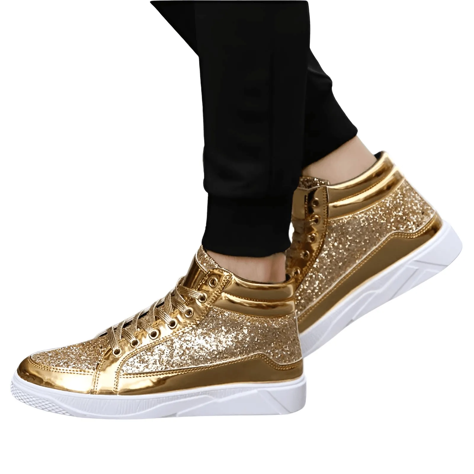 X Hot Fashion Gold Shiny Mirror Men's Hip Hop Sneakers High Top